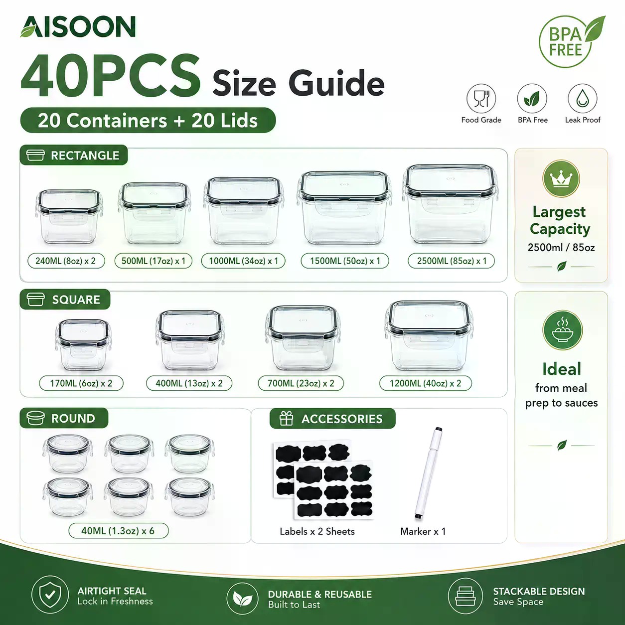 40개입 초대형 85oz 실리콘 밀폐 식품 보관 용기  - Food Storage Meals 리뷰 및 가격